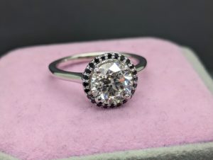 Custom  2Ct Round Moissanite OR Lab Diamond & Natural Black Diamonds - 14K Halo Engagement Ring