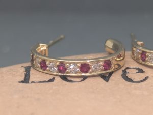 Custom 0.30CTW Diamond & Rubies Huggie C-Earrings - 14K Solid Gold